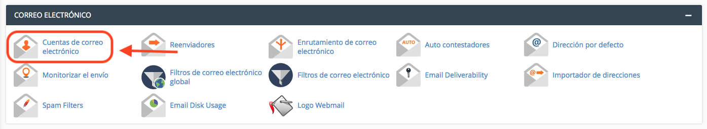  Ingreso ala opción de Cuentas de correo en cPanel 