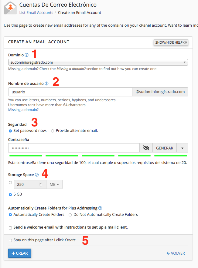Formulario para crear una cuenta de correo electrónico en cPanel