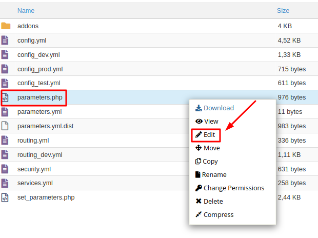 Editar archivo parameters.php desde cPanel