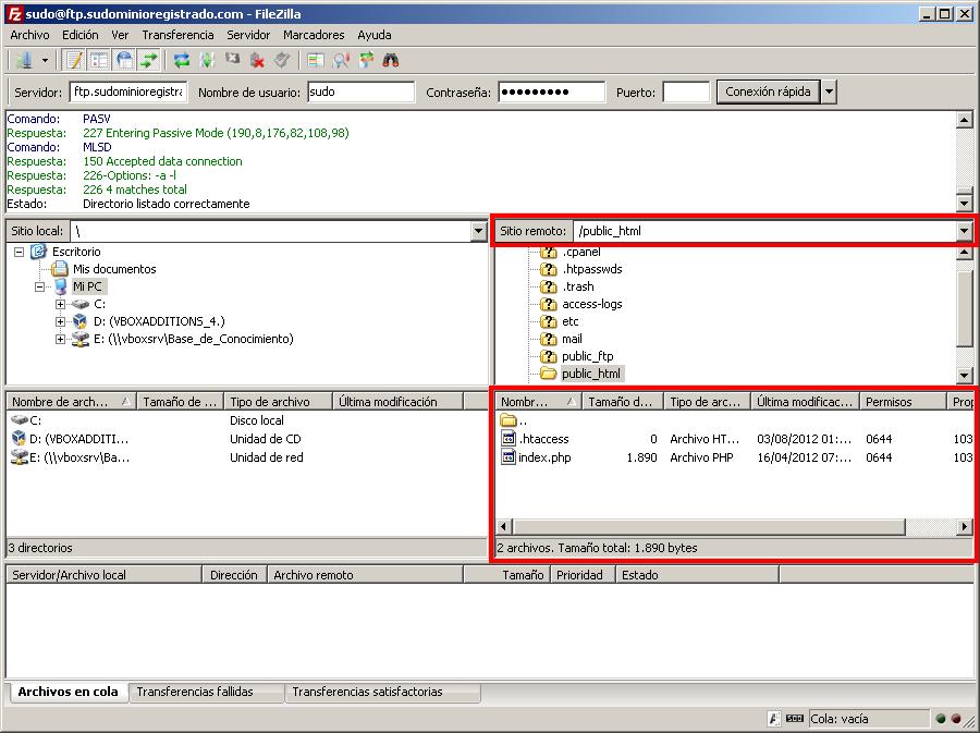 Archivos remotos y locales en FileZilla