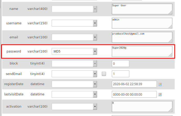 Cambiar clave de Joomla en base de datos