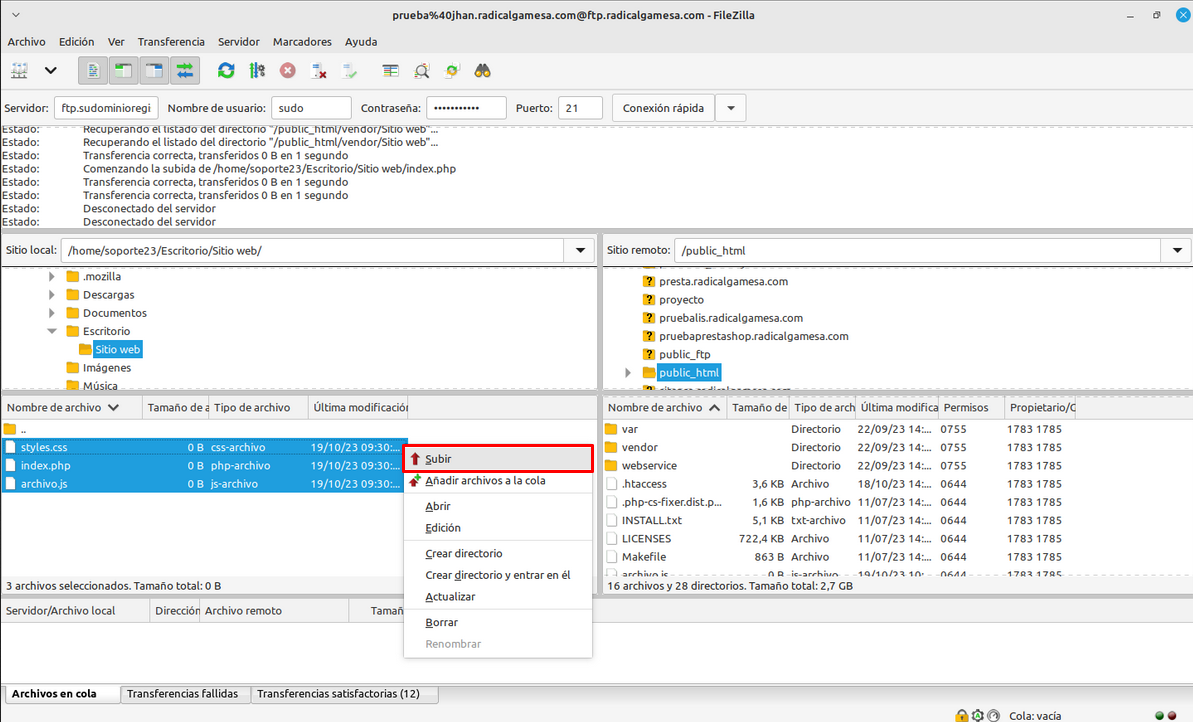 Opción subir archivos de FileZilla