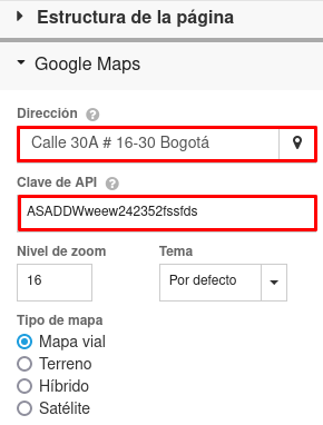 Ingresar la dirección en el mapa y la clave del aplicativo de Google maps