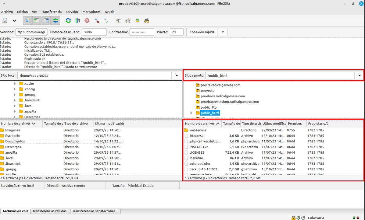 Archivos remotos y locales en FileZilla