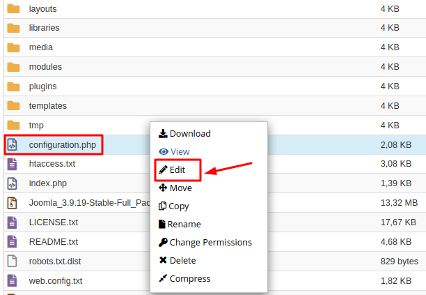 Editar archivo de configuración de Joomla