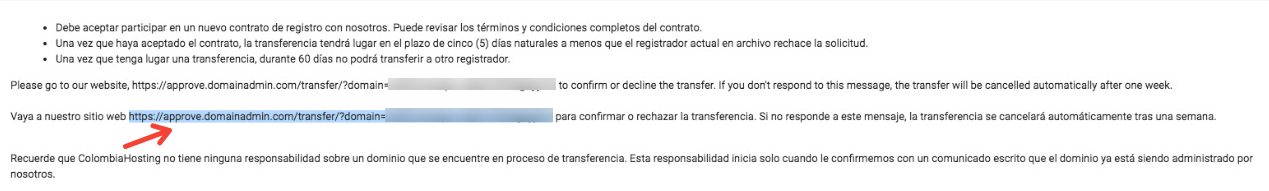 Enlace al que se le debe dar clic para transferir el dominio