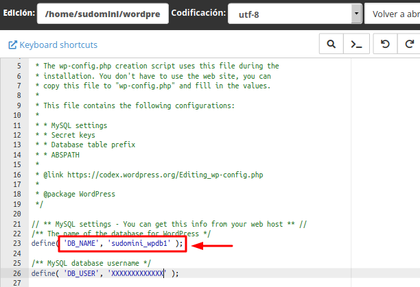 Nombre de la base de datos en el archivo wp-config.php