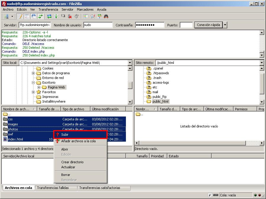 Opción subir archivos de FileZilla