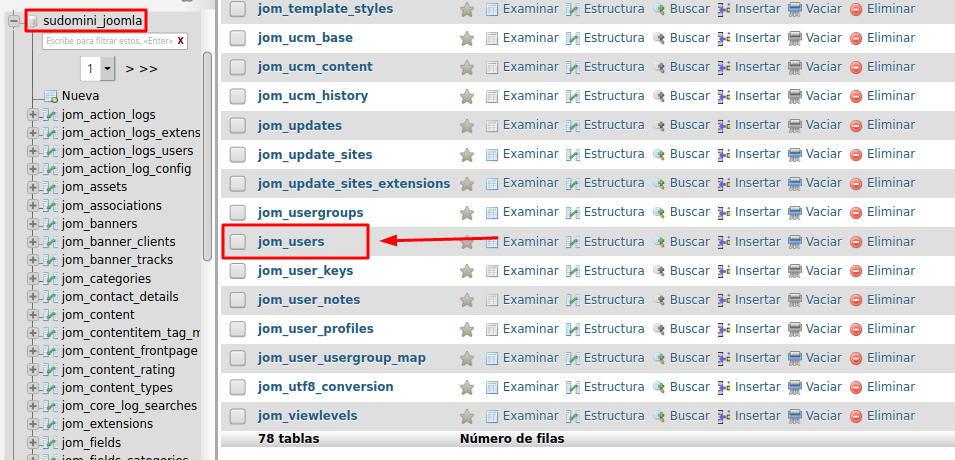 Tabla usuarios de Joomla en base de datos