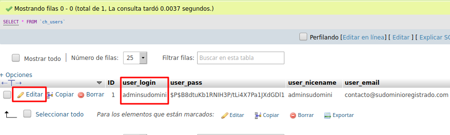 Editar usuario administrador en base de datos