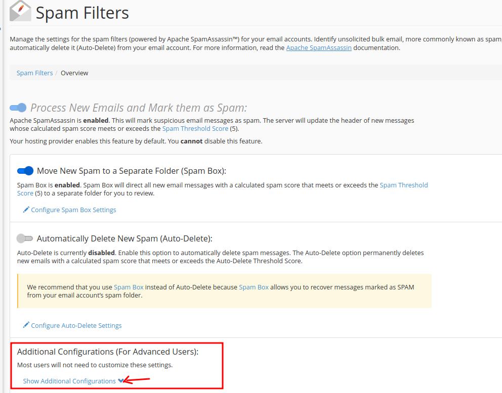 Configuraciones adicionales de Spam Filters