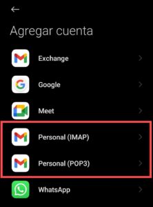 seleccionar cuenta imap - pop