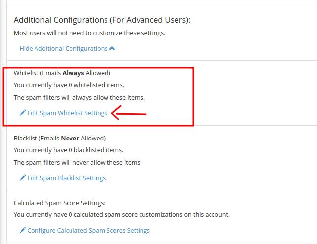 Editar configuración de lista blanca en Spam Filters