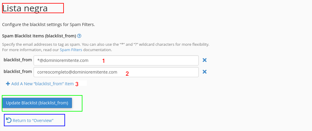 Formulario de lista negra en Spam Filters
