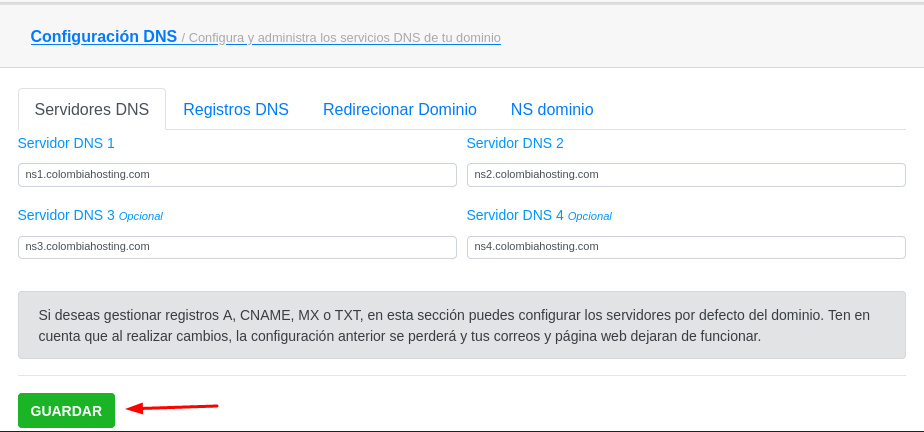 Guardar cambios de registros de DNS en mi.com.co