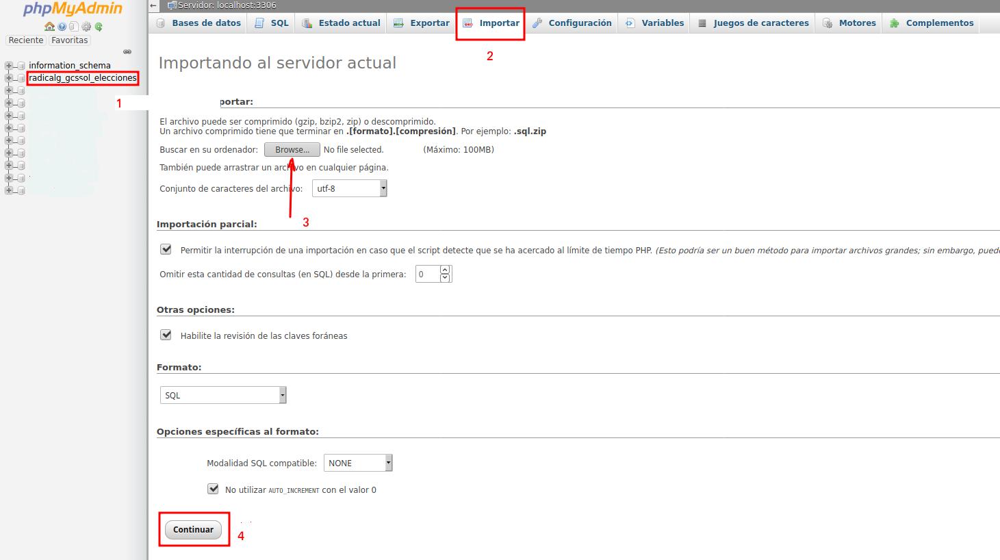 Opción importar base de datos en cPanel