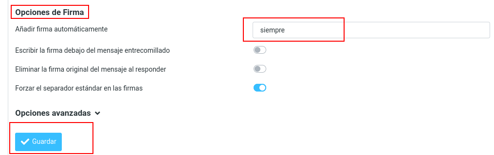 Opciones de firma