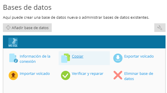 Opciones de bases de datos en Plesk