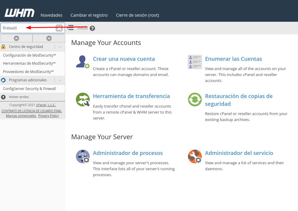 Buscar Firewall en el WHM