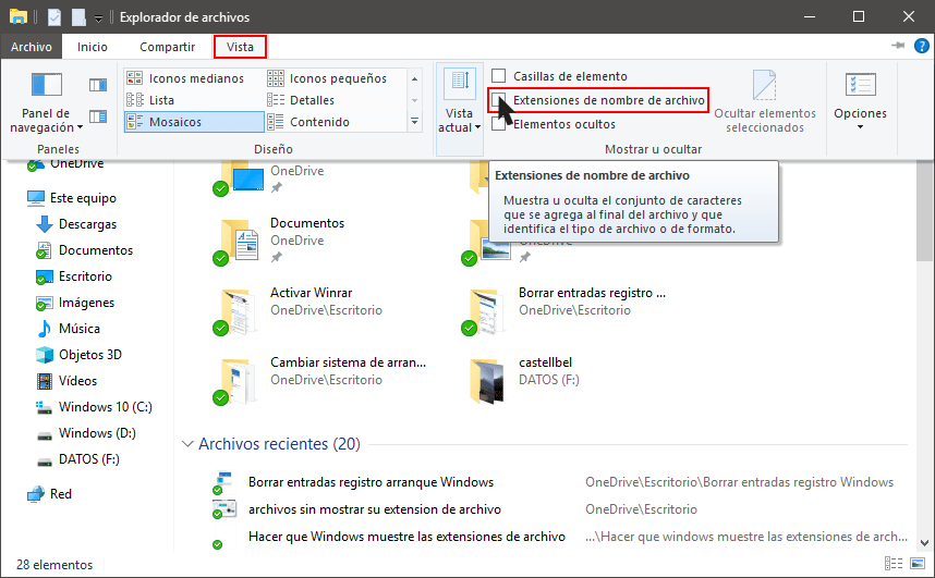 Mostrar la extensión de los archivos