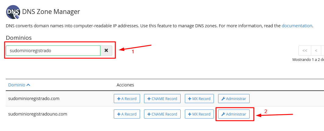 Administrar registros DNS de un dominio en WHM