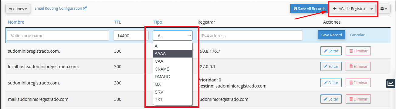 Añadir registro DNS