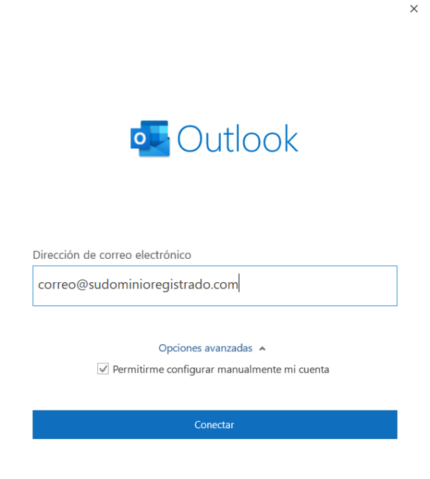 agregando cuenta de correo e Outlook