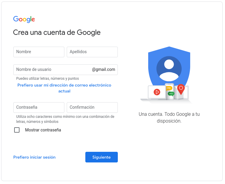 Formulario de registro en Google Analytics