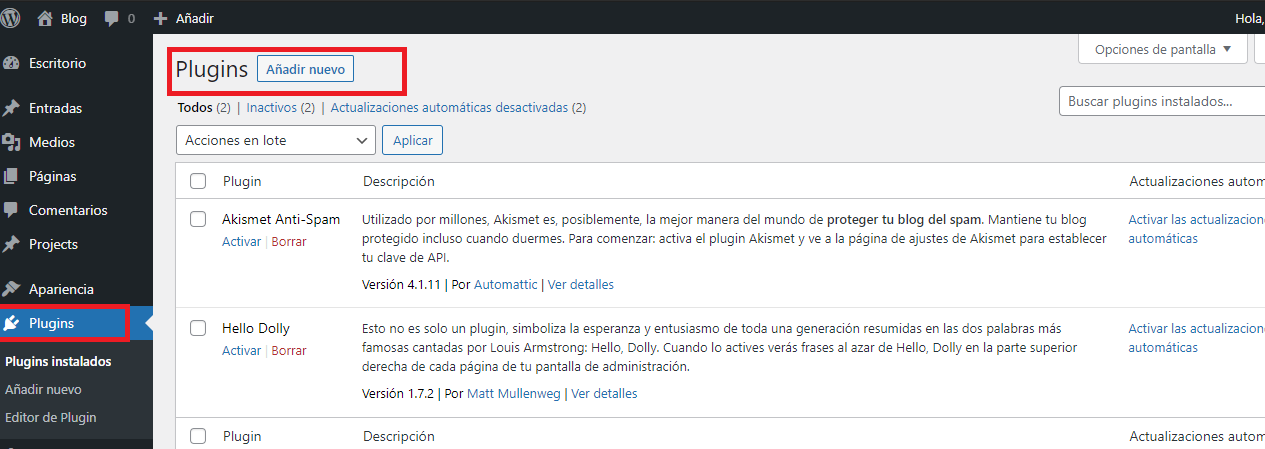 Añadir nuevo plugin de WordPress