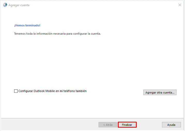 Configuración finalizada correctamente en Outlook