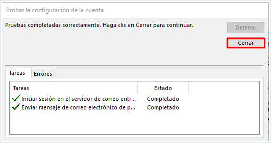 configuracion de correo finalizada en Outlook