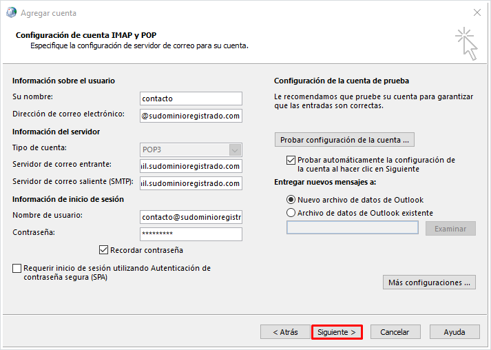 Configurando cuenta en Outlook