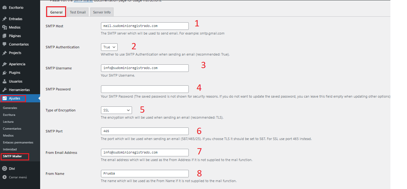 Datos de configuración en plugin SMTP MAILER