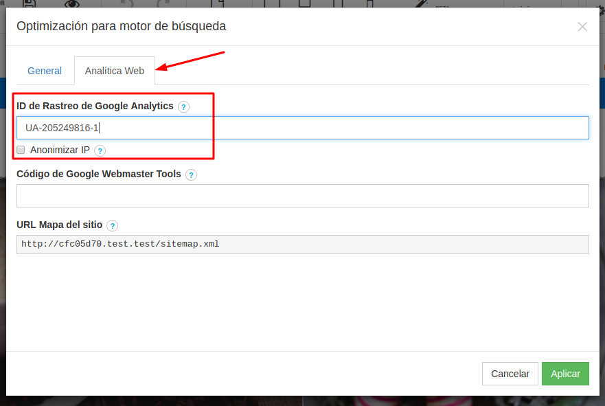 Ingresando ID de rastreo de Google Analytics