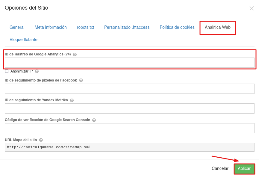 ingresamos al apartado de analítica para agregar el ID