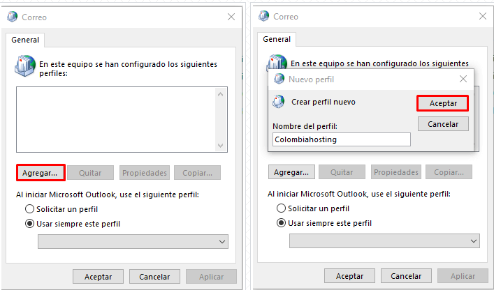 Configurando un nuevo perfil Outlook