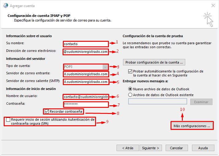 Parámetros de configuración de correo en Outlook