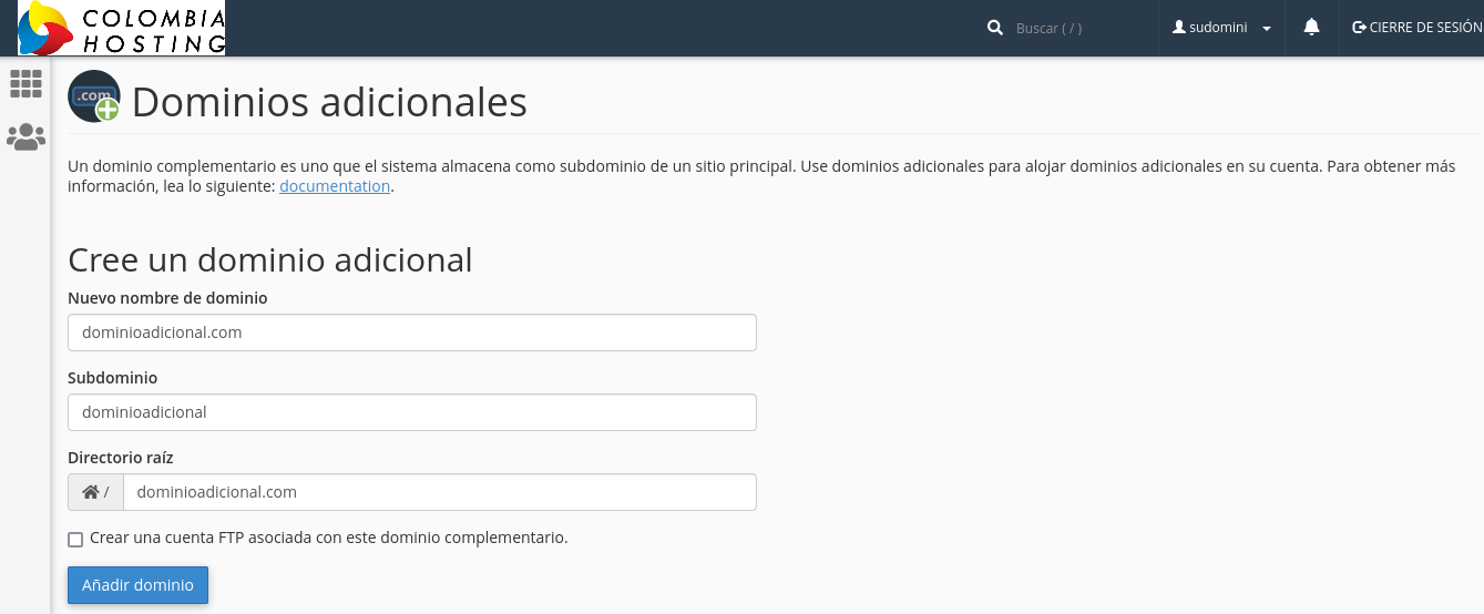  Rellenar los campos para guardar el dominio adicional 