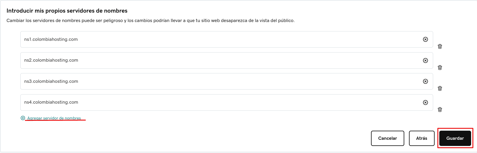 Guardar nuevos registros DNS