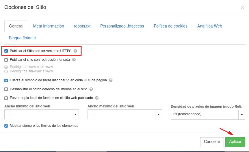 Habilitar el HTTPS en el constructor plus en el apartado de herramientas