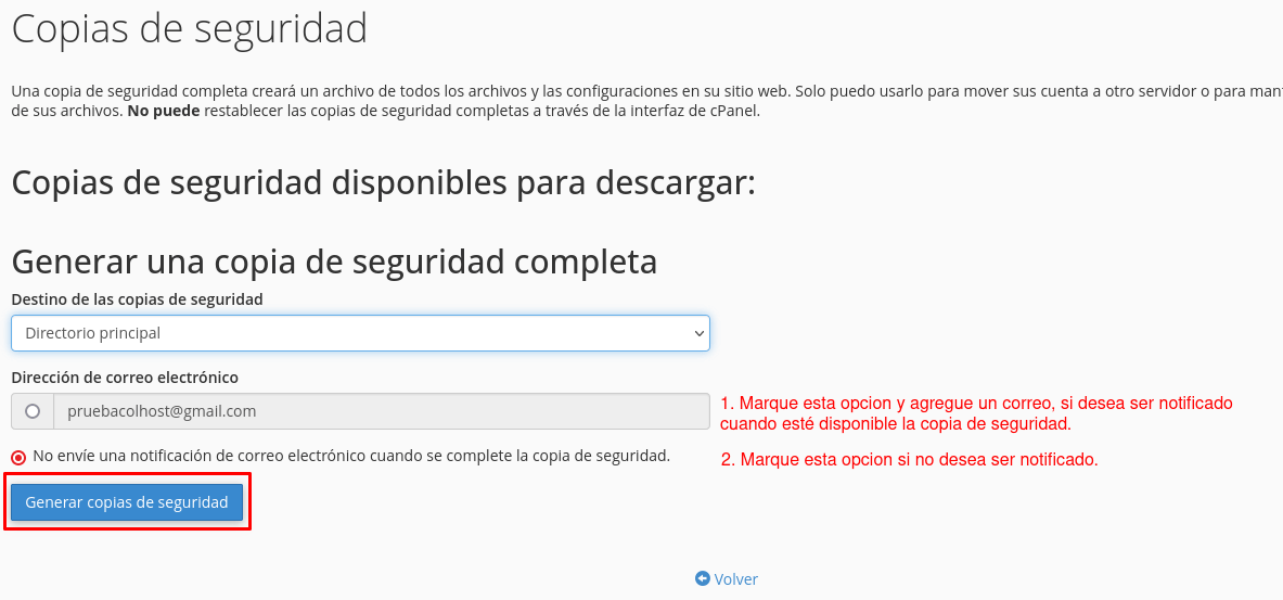 Iniciar backup y elegir notificación