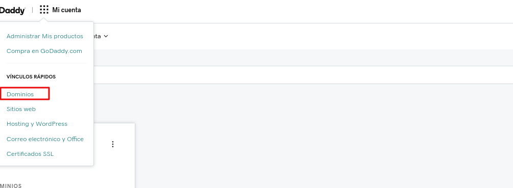 Opción dominios en el menú de GoDaddy
