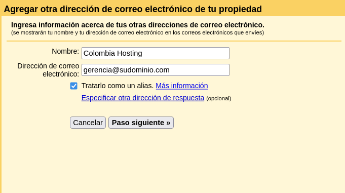 Campos de configuración para agregar cuenta de correo