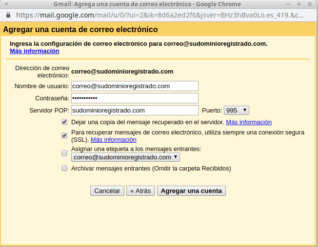 Configuración de cuenta de correo en Gmail