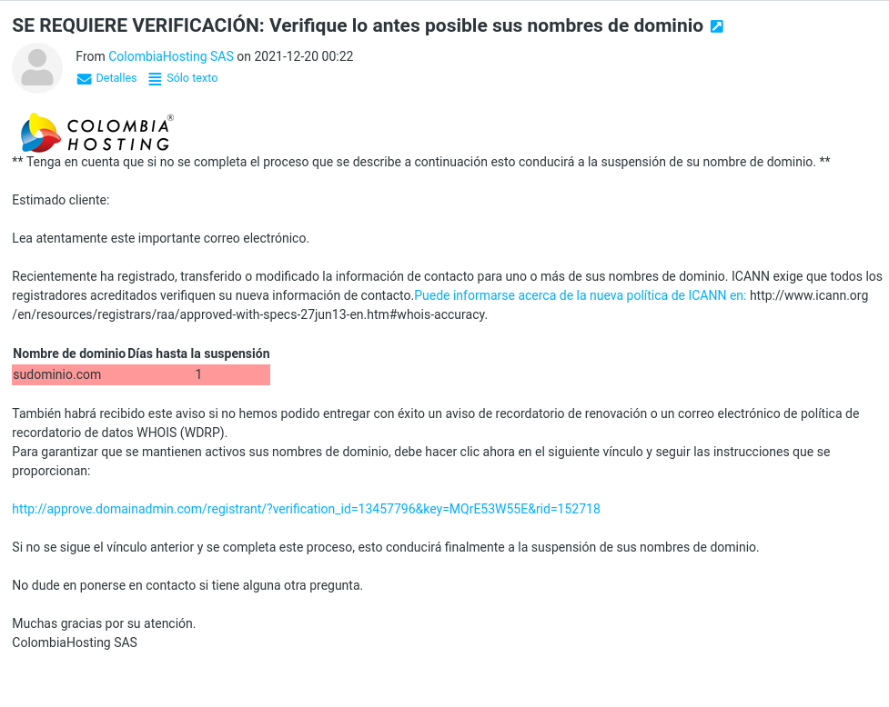 Mensaje de verificación para el dominio