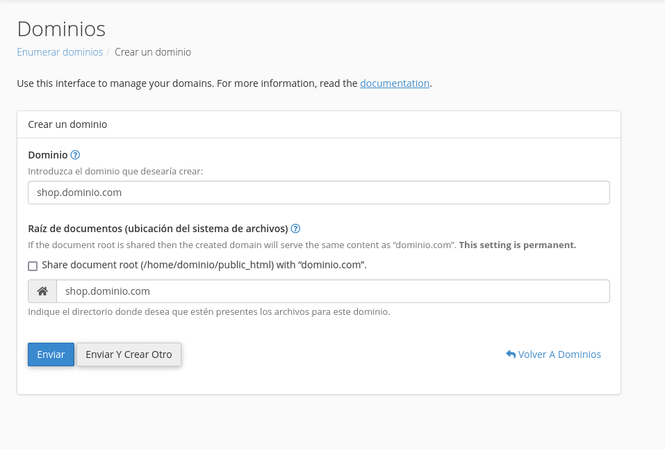 Formulario para crear dominios y subdominios en cPanel