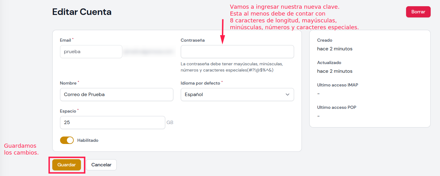 Indicación para realizar cambio de clave y guardar