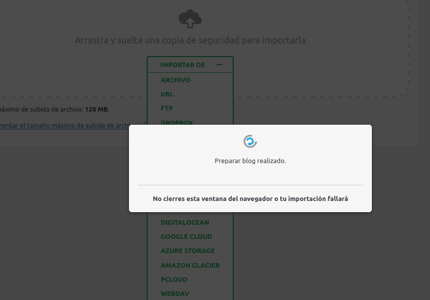 Proceso de importación del sitio web