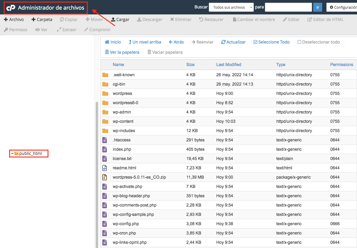 archivos de wordpress en cpanel