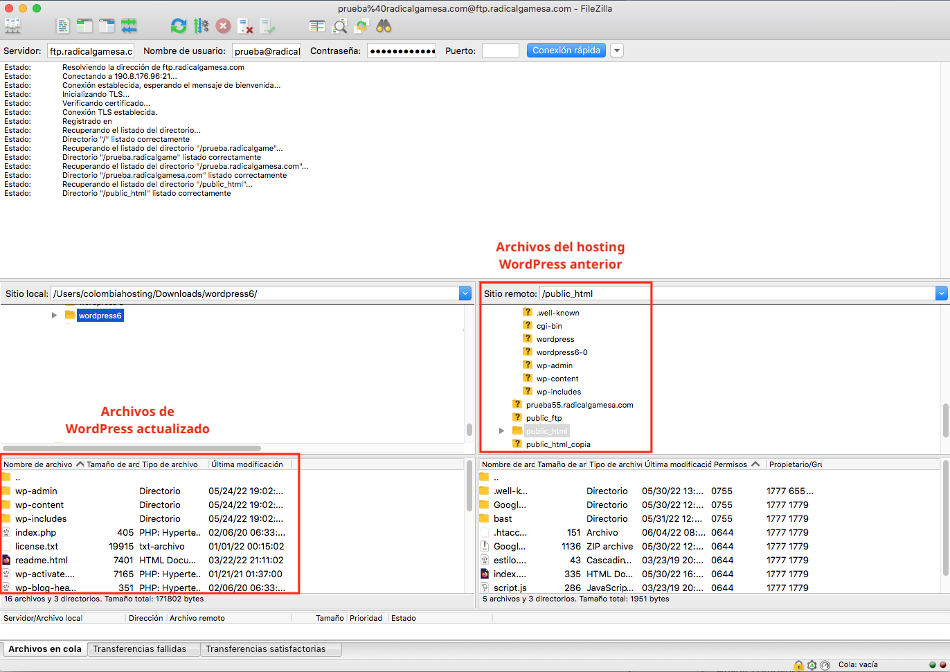 archivos de wordpress en filezilla